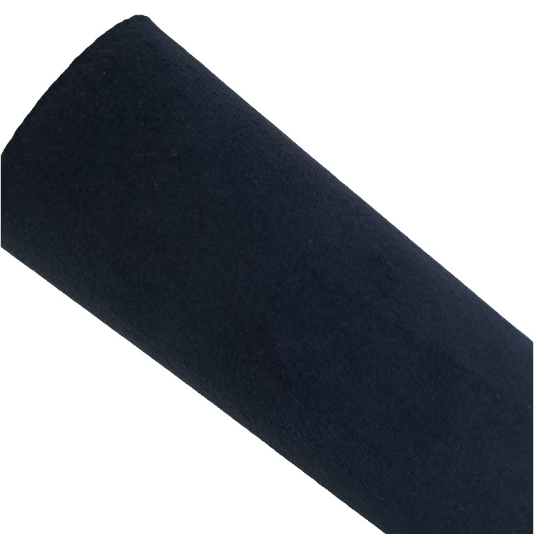 a roll of navy coloured velvet fabric roll on a white background
