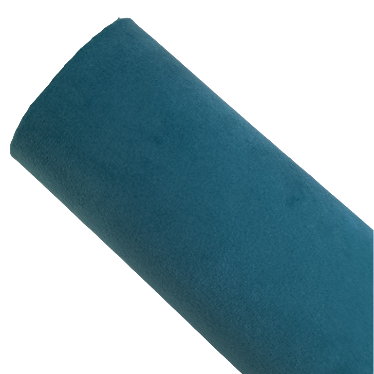 a roll of turquoise coloured velvet fabric roll on a white background