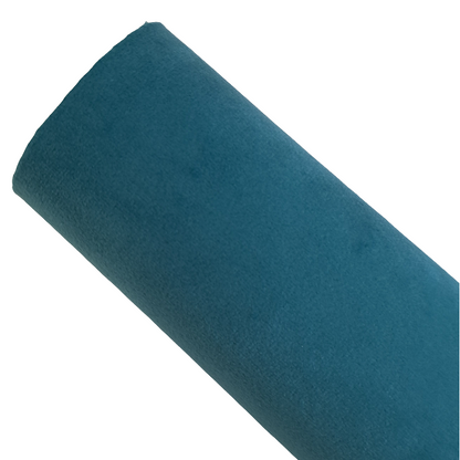 a roll of turquoise coloured velvet fabric roll on a white background